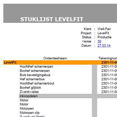 levelfit stuklijst